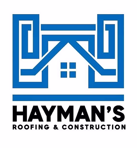A blue geometric roofing logo resembling a house with a roof, two windows, and bold text below that reads HAYMANS ROOFING & CONSTRUCTION.