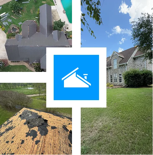 A collage featuring a rooftop view of a house, close-up of damaged shingles, and an exterior stone house highlights Mississippi’s Hayman's Roofing & Construction, with a blue roof icon in the center.