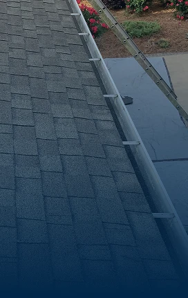 A close-up view of a house roof with gray asphalt shingles and a clean white gutter showcases quality roofing. A ladder is propped against the house, with flowers and bushes visible in the background.