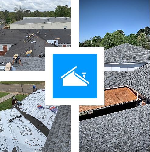 A collage shows Hayman's Roofing & Construction roofers in Mississippi installing new shingles on large buildings, with close-ups of workers and roofing materials. The center features a blue house roof icon, with trees and clear skies in the background.