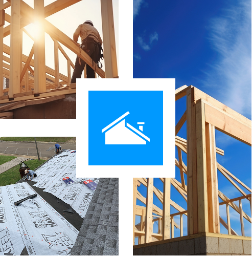 A collage shows home construction in Mississippi: a worker on a wooden frame, roofing installation by Hayman's Roofing & Construction, and a house frame against a blue sky. In the center is a blue square with a white house roof icon.