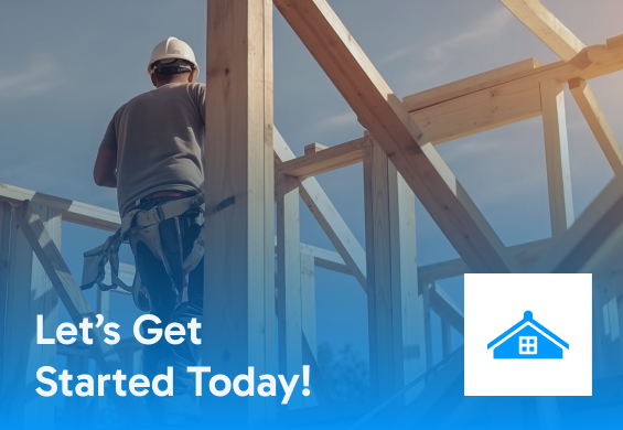 A construction worker in a hard hat stands on a wooden frame of a house under construction. Text reads “Let’s Get Started Today!” with the Hayman’s Roofing & Construction logo and a blue house icon on a light blue background in Mississippi.
