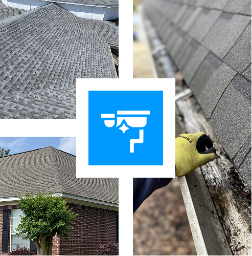 A collage with photos of a house roof, a person cleaning a gutter wearing a yellow glove, and a blue icon depicting a shining gutter with water flow, showcasing Hayman's Roofing & Construction services in Mississippi.