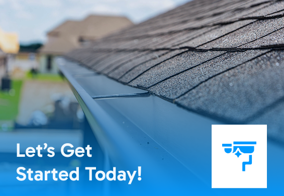 Close-up of a house roof with clean gutters on a sunny Mississippi day, featuring the text Let’s Get Started Today! and a blue gutter icon in the bottom right corner. Trust Hayman’s Roofing & Construction for quality you can see.