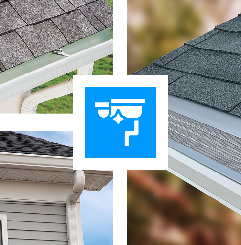 A collage showing different gutter systems on roofs, including shingles and metal guards, with a blue icon of a clean gutter and sparkle in the center, highlights Hayman's Roofing & Construction’s expert work across Mississippi.