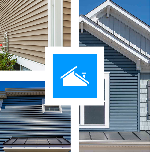 Collage showing beige and blue vinyl house siding, white trim details, and a blue square with a white house roof icon at the center. Design inspired by Mississippi homes and Hayman's Roofing & Construction expertise.