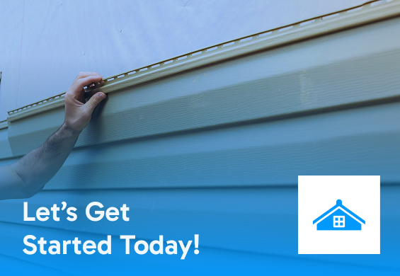 A person installs beige siding on a house. Text reads, “Let’s Get Started Today!” with a blue house icon in the lower right corner. Trust Hayman's Roofing & Construction for expert service in Mississippi.